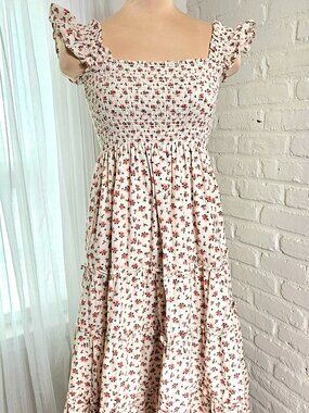 O.P.T. Smocked Floral Midi Dress Pink Ditzy Print Tiered Dress Pockets Size L